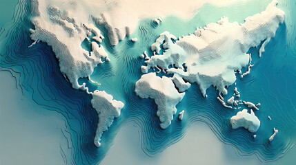 Minimalistic 3D world map on soft blue gradient concept. Stylized world map showcasing ocean depth and land elevation.