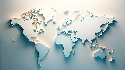 Minimalistic 3D world map on soft blue gradient concept. Stylized world map with soft shadows and minimalist design.
