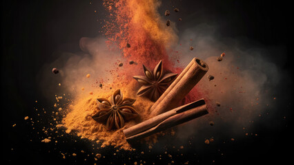 Explosion of spices bursting against dark background concept. Vibrant spices including cinnamon and star anise on a dark backdrop.
