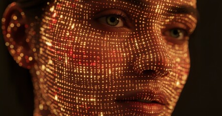 Futuristic Biometric Scan of a Human Face Covered in Glowing Data Grid, Symbolizing Digital Identity and Advanced AI Technology.