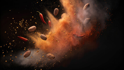Explosion of spices bursting against dark background concept. Vibrant spices and ingredients creating a colorful food explosion.