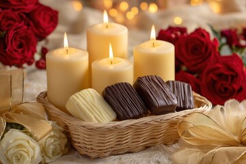 Burning pillar candles illuminate assorted chocolates nestled in a wicker basket alongside deep red and cream floral arrangements.