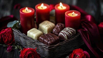 Four glowing red pillar candles illuminate assorted gourmet chocolates nestled in a dark wicker basket surrounded by deep red flowers.