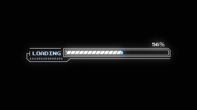 Cyberpunk loading bar animation with glitch effect. Cyberpunk loading bar with completed binary sequence, pixelated and neon. Suitable for futuristic tech themes in design projects.