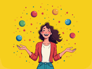 Playful Doodle of a Woman Juggling Balls with Stars and Confetti