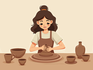 Serene Doodle of Woman Doing Pottery with Clay on Wooden Table
