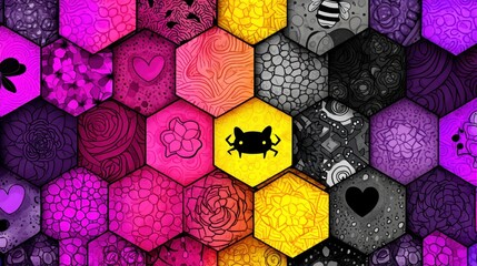 A vibrant, colorful design composed of hexagonal tiles, each displaying unique patterns, flowers, hearts, and whimsical creatures.