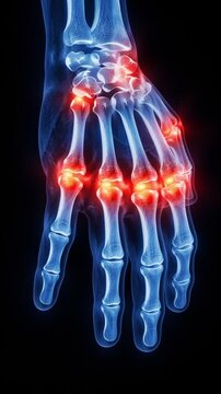 Inflamed hand joint xray medical anatomy showing arthritis inflammation pain skeletal bone medical illustration with glowing red highlights and swollen knuckle wrist areas conveying chronic