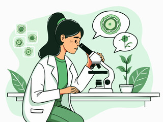Thoughtful Doodle of Woman Examining Plant Cells Under a Microscope in Vector Style