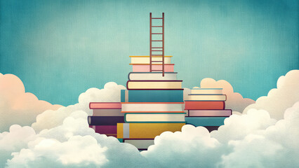 Abstract book stack with ladder on sky with clouds background concept. A creative concept of books stacked on clouds with a ladder.