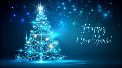 Glowing Christmas Tree in Elegant Blue Neon Lights with Sparkling Bokeh Effect on Dark Background for New Year Greeting Card