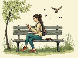 Artistic Doodle of Woman Sketching Nature in Park with Pencil Marks