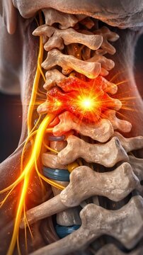 Inflamed cervical spine medical illustration showing nerve compression and radiant pain with glowing vertebra and neural pathway highlighting injury and discomfort nerve root medical pain highlighted