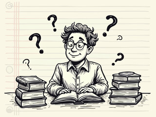 Contemplative Doodle of Intellectual Reading Surrounded by Books and Ideas