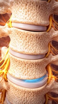 Close up medical spine cross section showing lumbar vertebrae intervertebral disc and glowing nerve root therapy illustration with degenerative change nucleus pulposus spinal nerve roots anatomical