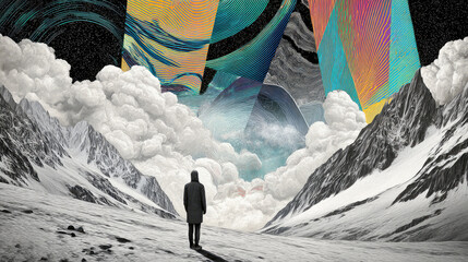 Lost in dreams collage man in his inner world making plans concept. A solitary figure gazes upon a vibrant cosmic landscape.