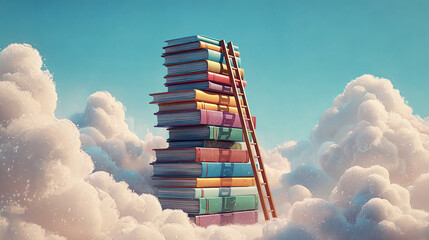 Abstract book stack with ladder on sky with clouds background concept. A stack of colorful books perched high among fluffy clouds.