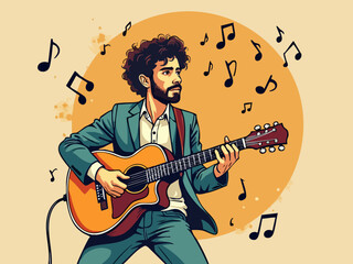 Retro Doodle of Musician Playing Guitar with Floating Notes