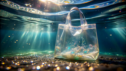 Transparent tote bag underwater with sun rays in serene blue lighting for eco-friendly branding