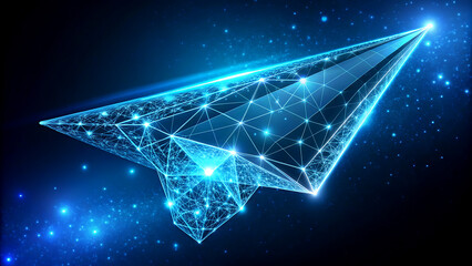 Glowing Paper Airplane in Futuristic Wireframe Style with Blue Neon Lighting on Dark Space Background for Technology