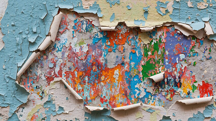 Vibrant peeling paint on distressed wall surface