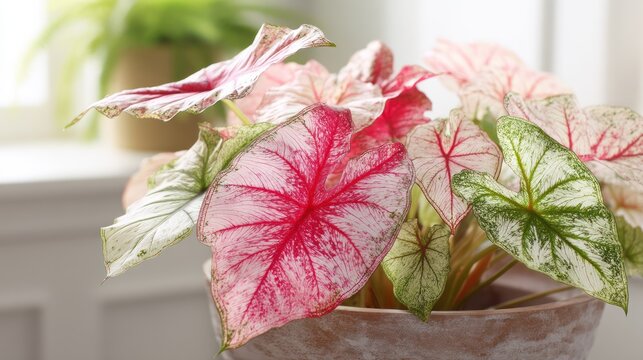 Close up of vibrant potted caladium plant with colorful leaves indoors