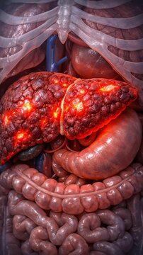 Inflamed liver with nodular cirrhosis glowing focal lesions medical shown within open abdominal anatomy under ribs highlighting diseased intestine and surrounding organs with dramatic visceral detail