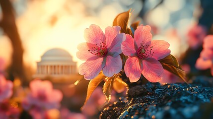 Close up of delicate pink cherry blossoms with a blurred neoclassical building in the background at sunrise