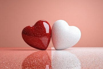 Fototapeta premium Two contrasting textured hearts stand side by side against a soft pink background