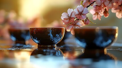 Three brown ceramic tea bowls are arranged on a reflective surface with cherry blossoms