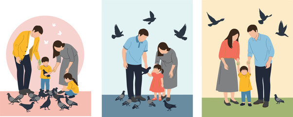 Flat Vector Illustration Set of Happy Young Asian Families with Children Feeding Pigeons in Public Parks and Outdoor Natural Environments © Its Ariful 