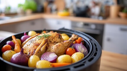 Whole roasted chicken surrounded by colorful vegetables in an air fryer, showcasing a delicious meal preparation in a modern kitchen with a warm atmosphere