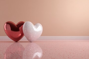 Two three dimensional hearts one glossy red and one sparkly white rest side by side on a reflective surface