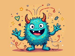 Cheerful Algorithmic Doodle of a Happy Coding Monster with Digital Sparkles