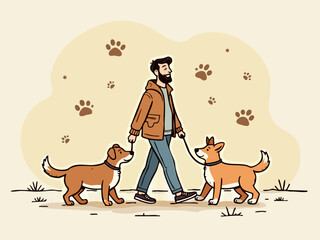 Friendly Doodle of Man Walking Dog in Park with Paw Prints