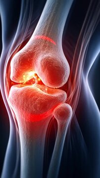 Inflamed knee joint medical anatomy illustration showing cartilage degeneration bone surface inflammation pain synovial arthritis with red glowing lesion swelling stiffness mobility warmth treatment