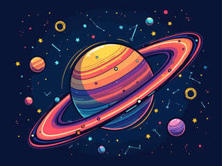 Energetic Doodle of a Distant Planet with Constellations and Rings, Vector Style