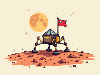 Futuristic Doodle of a Lunar Lander Planting a Flag on the Moon with Grid Background