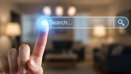Finger touching a digital search bar for online information in a blurred modern home interior