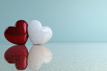 Two decorative heart shapes rest side by side on a reflective surface against a pale blue background