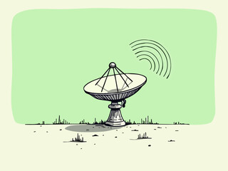 Minimalist Doodle of Satellite Dish Receiving Alien Signals in Monochrome Green