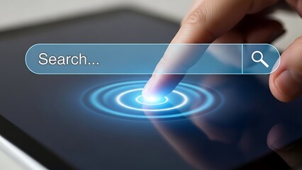 Close up of finger clicking a digital search bar on a tablet screen with glowing blue light ripples