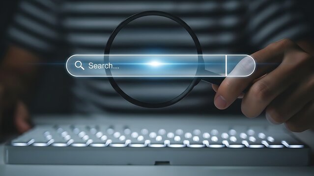 Close up of a hand holding a magnifying glass over a glowing digital search engine bar on a screen - Powered by Adobe