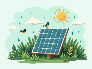 Hopeful Green Doodle of Solar Panel Conserving Water Drops with Birds and Clouds