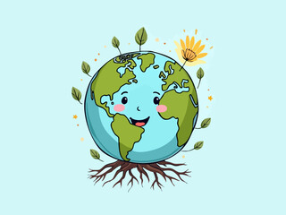 Mindful Doodle of a Smiling Earth Globe Blooming with Roots, Regenerative Vector Art