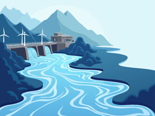 Dynamic Vector Illustration of Hydroelectric Power Generation with Flowing Water