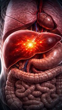 Detailed medical illustration of inflamed liver with glowing focal lesion showing inflammation vascular reaction inside abdomen anatomy highlighting organ pathology and surrounding stomach intestine
