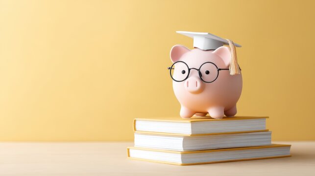 Piggybank wearing mortarboard stands on stacked books, symbolizing education and financial literacy in a bright, cheerful setting