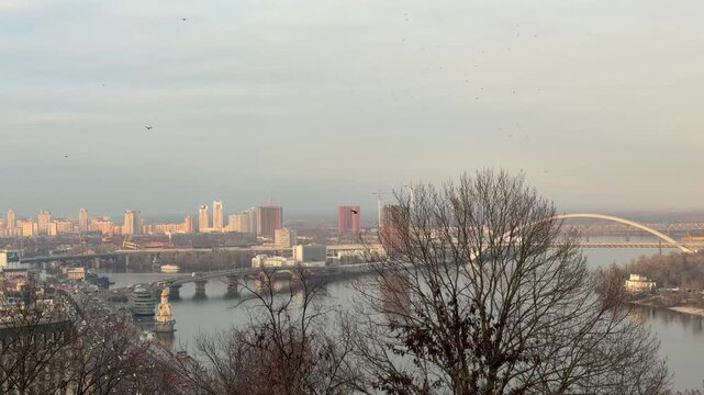 Kyiv Ukraine. Overlooking the historic part of Kiev - Podil. View of the Podol, Dnipro or Dnieper River.