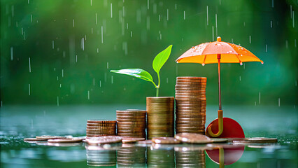 Orange umbrella protects coin stacks from rain concept. Financial growth and protection concept with money and plant.